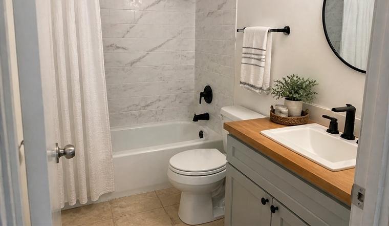 The same bathroom after renovation, with marble tile to the ceiling, matte black fixtures and a wood-topped vanity.