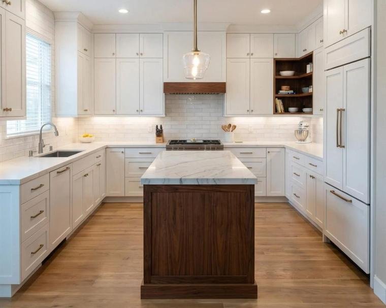The same kitchen after renovation, with white shaker cabinets, a marble-topped walnut island and hardwood floors.