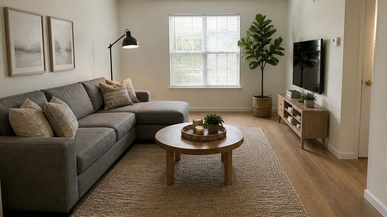 The same living room after renovation, with light hardwood floors, a grey sectional and framed art.