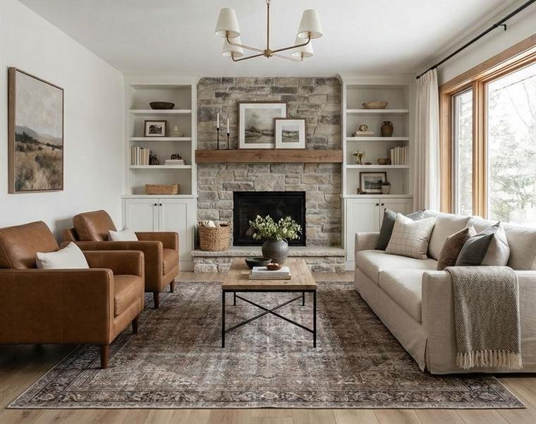 The same room after renovation, with a stacked stone fireplace, white built-in shelving and a reclaimed beam mantel.