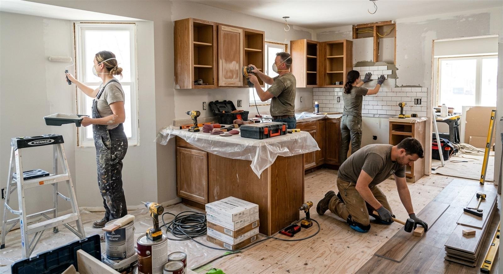 A renovation crew painting, sanding and tiling in a kitchen mid-project.