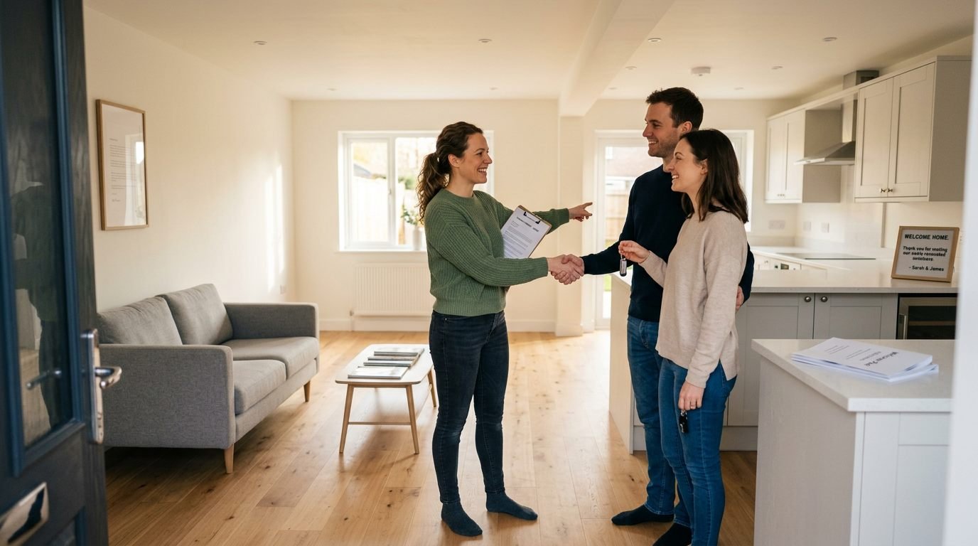 A renovation manager handing over the keys to a couple in a finished, freshly renovated open-plan home.