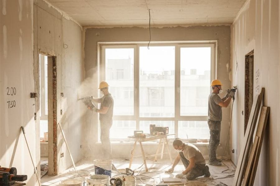 A room stripped back during renovation, with a crew sanding and preparing the walls.